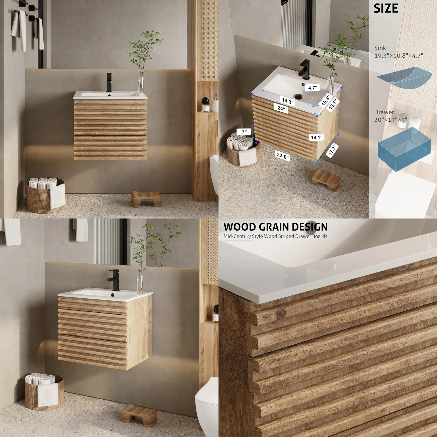 24" Floating Bathroom Vanity Combo Mid-Century Wall Mounted Cabinet Wood Stripes Undermount Sink Faucet Drain Walnut, Customized
24" Floating Bathroom Vanity Combo Mid-Century Wall Mounted Cabinet Wood Stripes Undermount Sink Faucet Drain Walnut, Customized