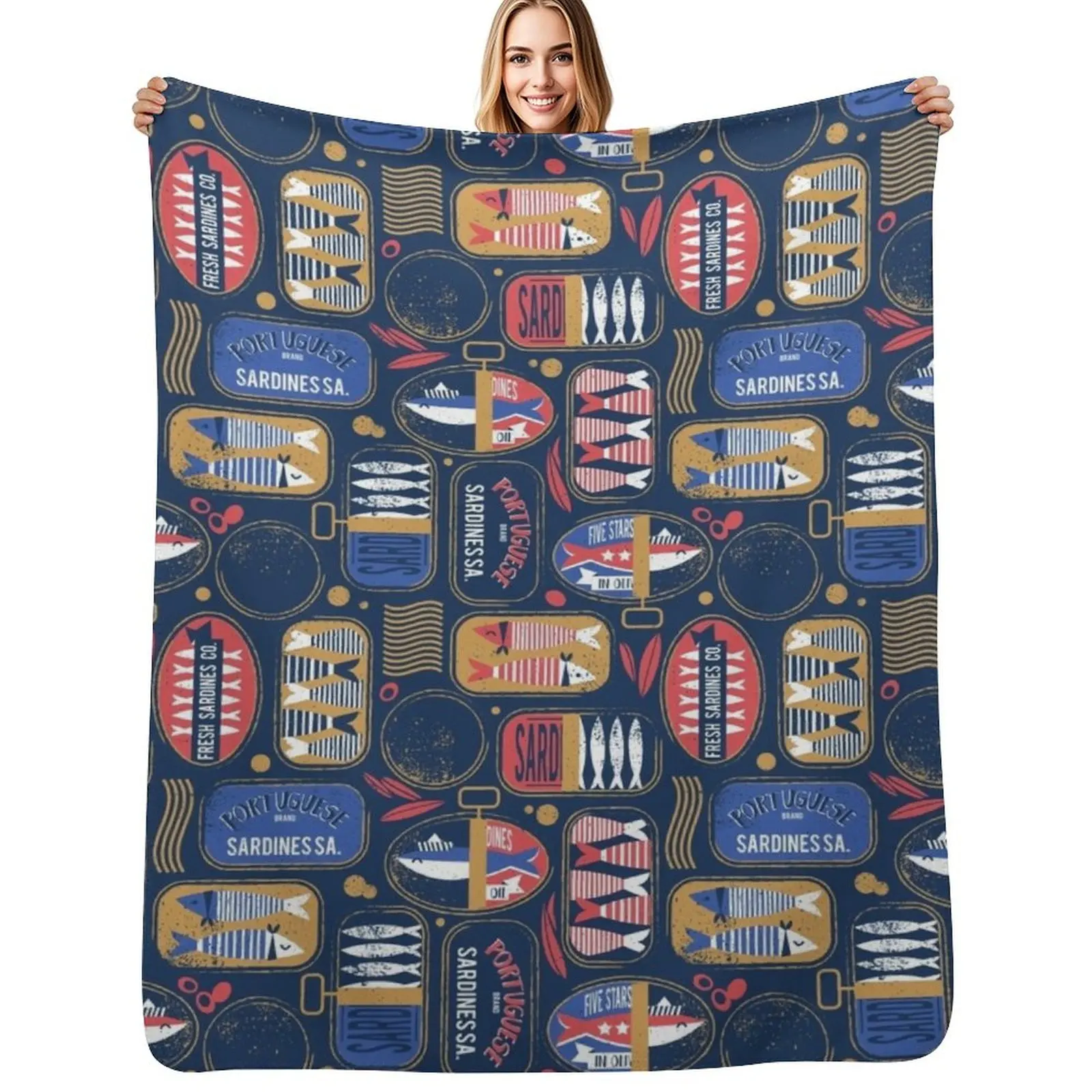 Vintage canned sardines // navy blue background electric blue and mandy red cans Throw Blanket Sleeping Bag halloween Blankets
Vintage canned sardines // navy blue background electric blue and mandy red cans Throw Blanket Sleeping Bag halloween Blankets