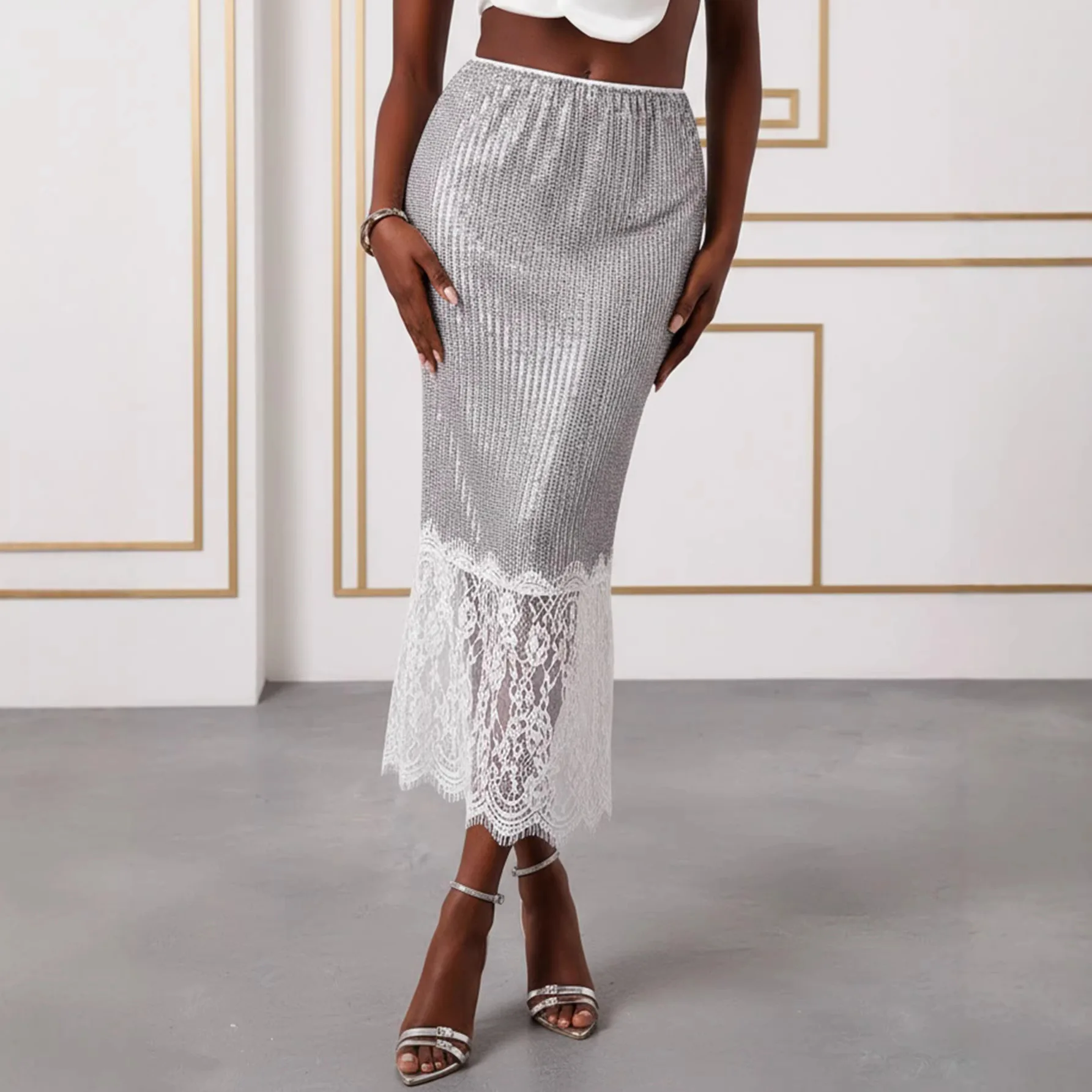 Silver Grey Sequin Lace Patchwork High Waist Party Long A-Line Skirt Half-length Skirt Elegant Women's Fashion Spring Season
Silver Grey Sequin Lace Patchwork High Waist Party Long A-Line Skirt Half-length Skirt Elegant Women's Fashion Spring Season