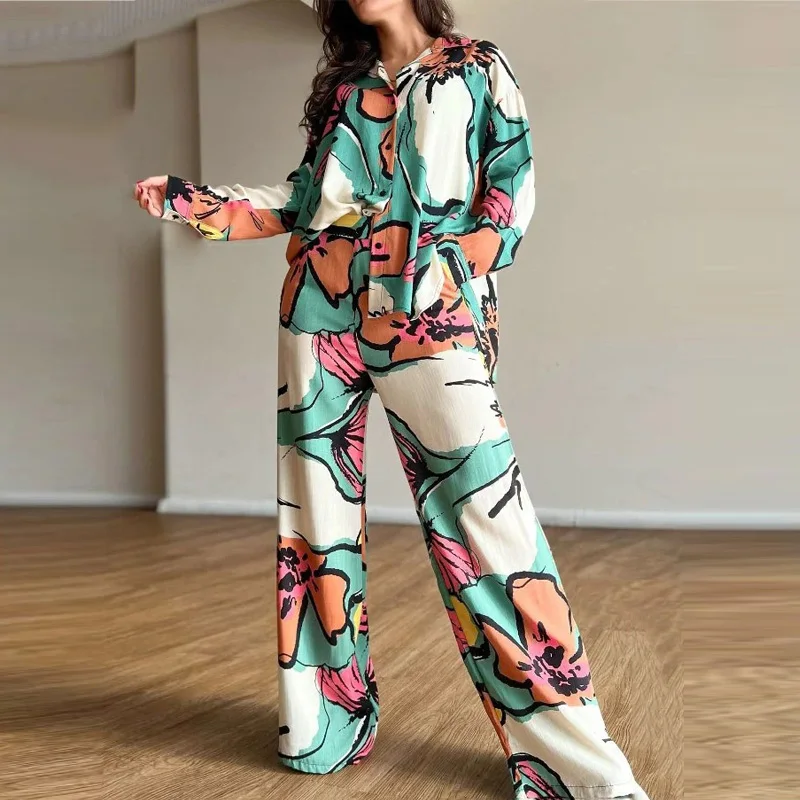 Women Casual Lapel Button Shirt Suit Fashion Cartoon Print Long Sleeve Set Two Piece Spring Summer High Waist Wide Leg Pants Set
Women Casual Lapel Button Shirt Suit Fashion Cartoon Print Long Sleeve Set Two Piece Spring Summer High Waist Wide Leg Pants Set