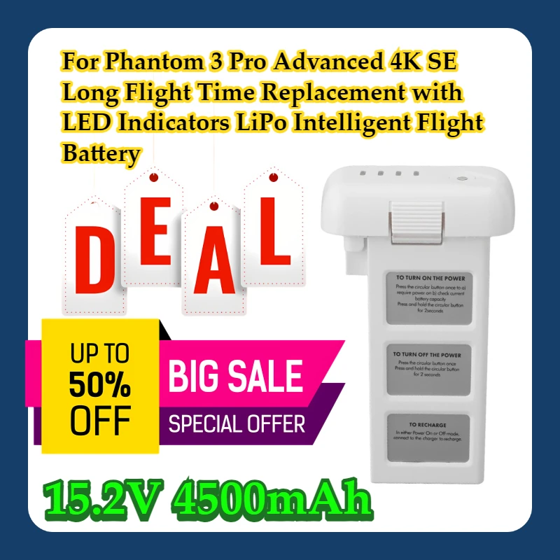 For Phantom 3 Pro Advanced 4K SE Long Flight Time Replacement with LED Indicators 15.2V 4500mAh LiPo Intelligent Flight Battery
For Phantom 3 Pro Advanced 4K SE Long Flight Time Replacement with LED Indicators 15.2V 4500mAh LiPo Intelligent Flight Battery