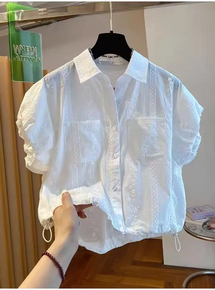 White Puff Sleeve Blouse Women 2026 Summer Loose Cropped Shirt Embroidery Hem Drawstring Short Sleeve Tops
White Puff Sleeve Blouse Women 2026 Summer Loose Cropped Shirt Embroidery Hem Drawstring Short Sleeve Tops