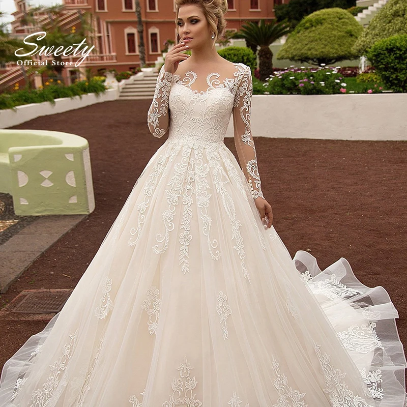 Elegant Wedding Dress Embroidered Lace On Net With Ball Gown O-Neck Nude Full Sleeve Bridegown Button Robes De MariéE Customized
Elegant Wedding Dress Embroidered Lace On Net With Ball Gown O-Neck Nude Full Sleeve Bridegown Button Robes De MariéE Customized