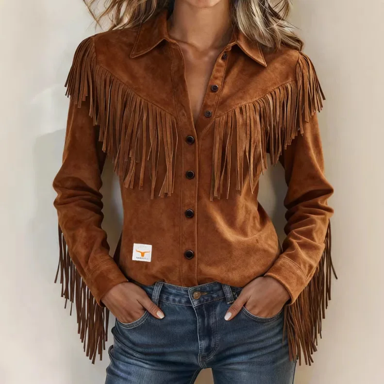 Autumn and winter European and American style fashion eye-catching personalized lapel fringed suede jacket lapel jacket women
Autumn and winter European and American style fashion eye-catching personalized lapel fringed suede jacket lapel jacket women