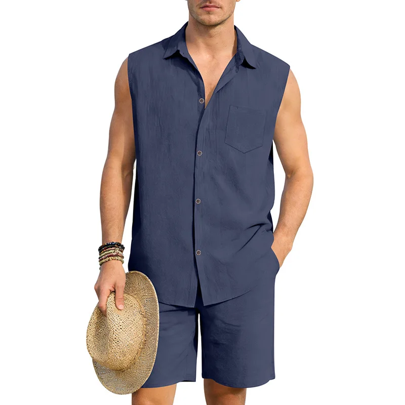 Mens Summer Linen Sleeveless Lapel Collar Shirt And Shorts Set For Beach Hawaii
Mens Summer Linen Sleeveless Lapel Collar Shirt And Shorts Set For Beach Hawaii