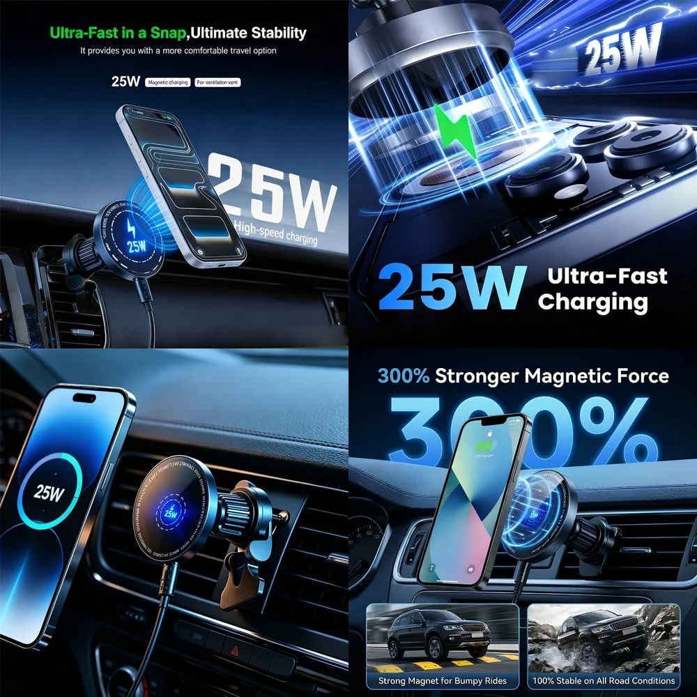 Car Air Vent Mount Holder 25W Magnetic Car Wireless Charger Super Fast for iPhone 17 16 15 14 13 12 Pro Max Plus Compact Design
Car Air Vent Mount Holder 25W Magnetic Car Wireless Charger Super Fast for iPhone 17 16 15 14 13 12 Pro Max Plus Compact Design