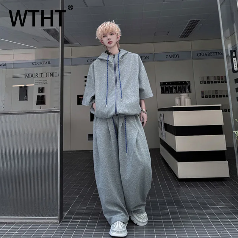 WTHT Fashion Men's Suit Hooded Zipper Short Sleeves T-shirt Casual Solid Color High-waisted Wide Leg Pant Set Male Summer 2A0287
WTHT Fashion Men's Suit Hooded Zipper Short Sleeves T-shirt Casual Solid Color High-waisted Wide Leg Pant Set Male Summer 2A0287