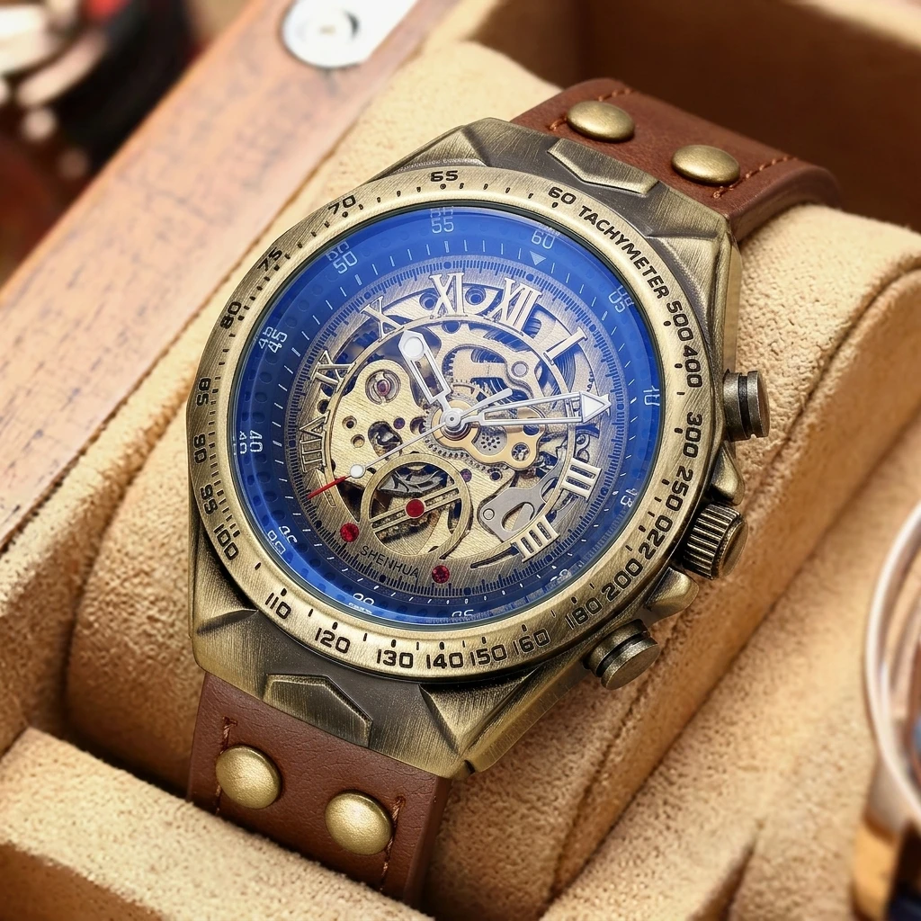 Men's Vintage Skeleton Mechanical Watch, Black PU Wide Strap, Gothic Carved Case, Automatic Wristwatch
Men's Vintage Skeleton Mechanical Watch, Black PU Wide Strap, Gothic Carved Case, Automatic Wristwatch
