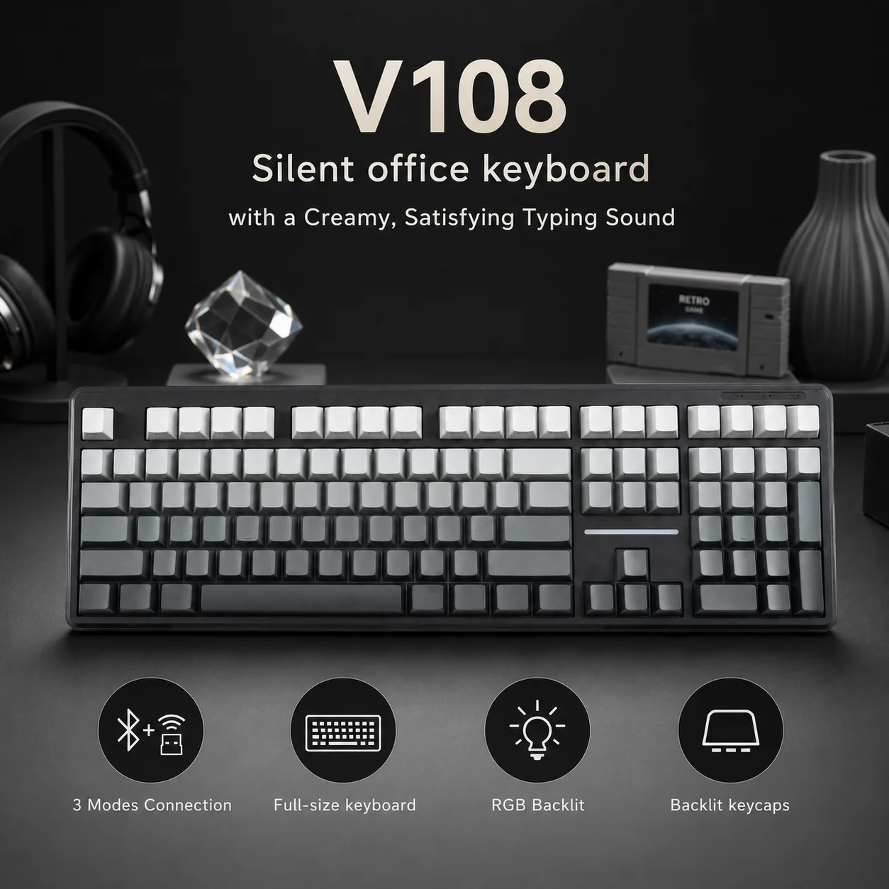 V108 Wireless Keyboard Office Low Noise 2.4G Wired BluetoothFull Layout with RGB Backlit Membrane