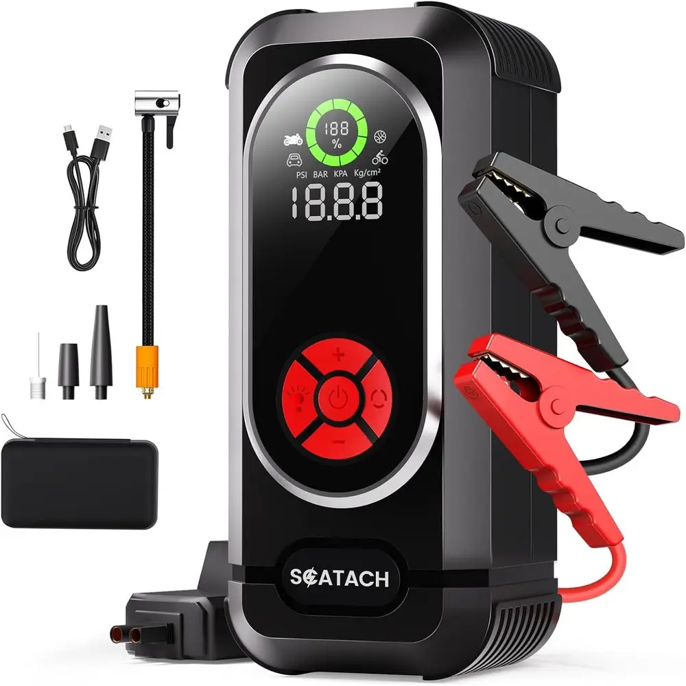 Portable 12V Jump Starter with Air Compressor, Tire Inflator, LED Light & Display
Portable 12V Jump Starter with Air Compressor, Tire Inflator, LED Light & Display