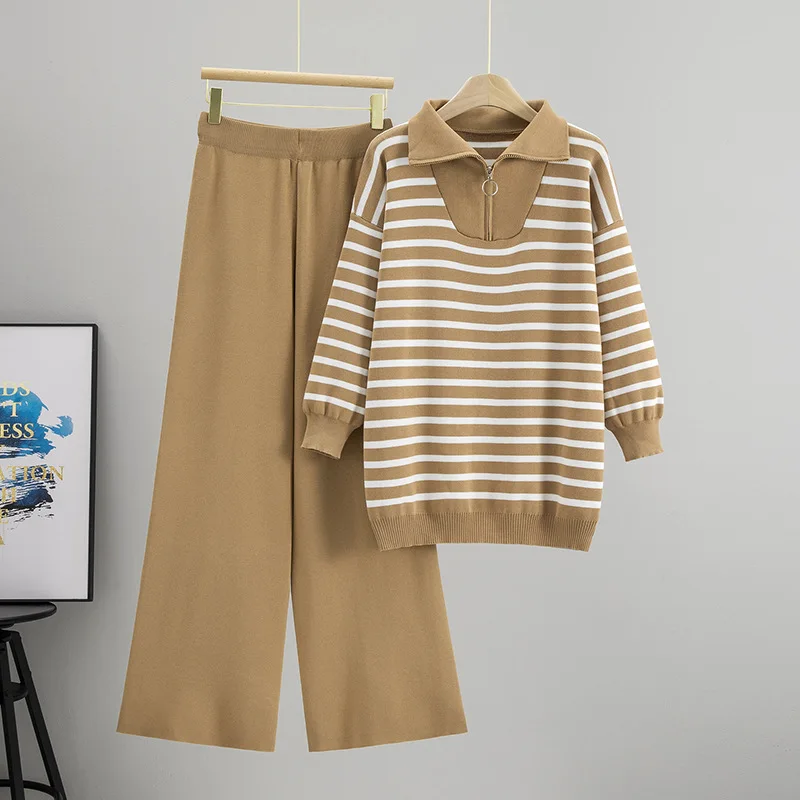 Women's Knitted Set High Collar Zipper Loose Striped Sweater Wide Leg Pants Autumn Winter Faion Casual Sportswear
Women's Knitted Set High Collar Zipper Loose Striped Sweater Wide Leg Pants Autumn Winter Faion Casual Sportswear