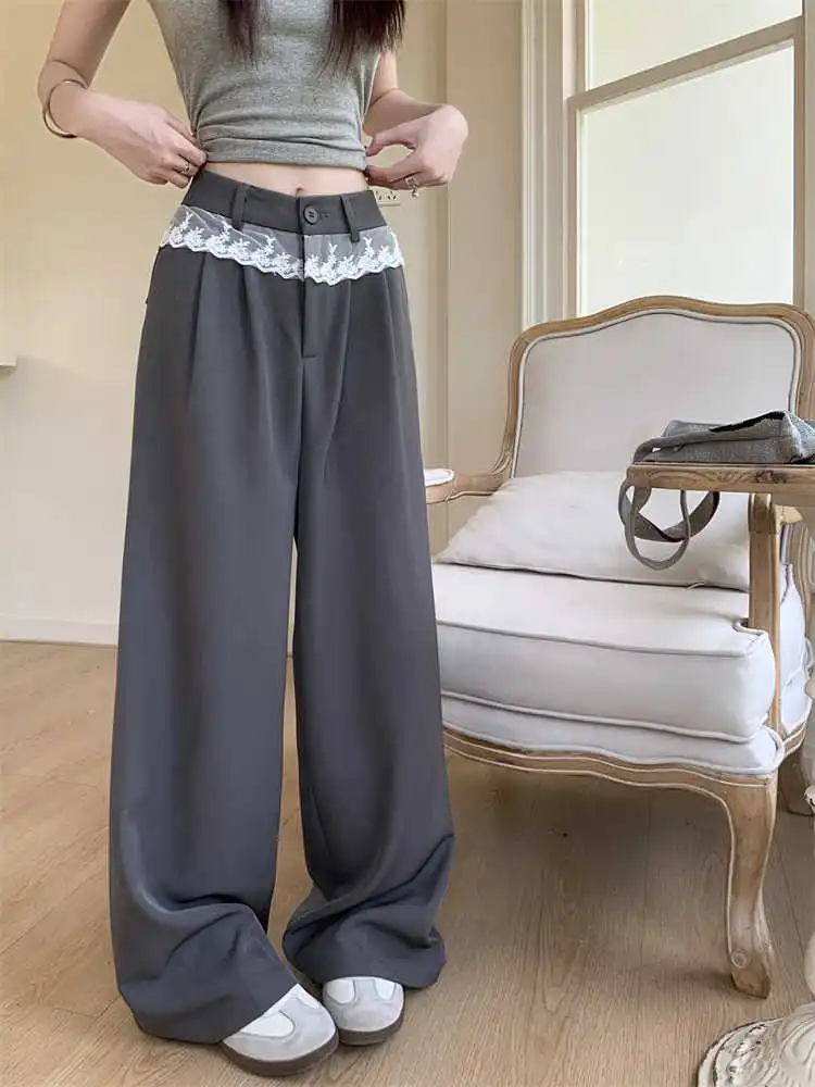 Lace Patchwork Design Long Pant for Women Spring Korean High Waist Wide Leg Pant Simple Casual Lady Trousers
Lace Patchwork Design Long Pant for Women Spring Korean High Waist Wide Leg Pant Simple Casual Lady Trousers