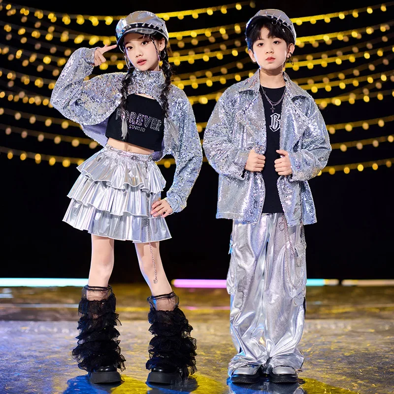 Children Boy Silver Sequin Jacket Leather Pant Sets Girl Shirt Cake Skirts Suits Stage Show Dance Clothes Performance Costume
Children Boy Silver Sequin Jacket Leather Pant Sets Girl Shirt Cake Skirts Suits Stage Show Dance Clothes Performance Costume