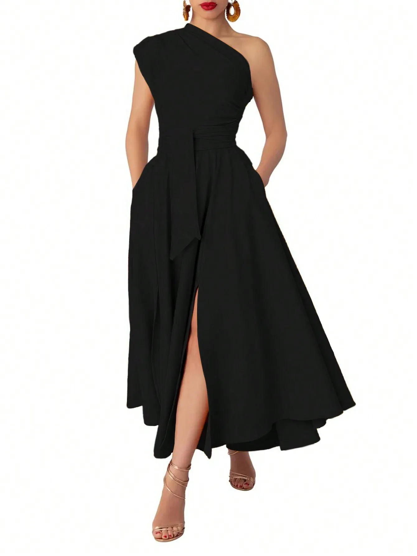 Women's Black Asymmetrical One-Shoulder Maxi Dress with Side Slit
Women's Black Asymmetrical One-Shoulder Maxi Dress with Side Slit