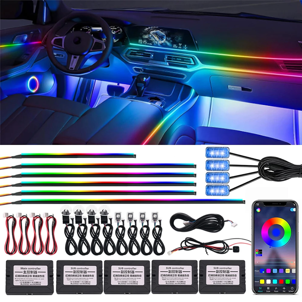 64-цветная RGB-подсветка Symphony 18-в-1 для автомобиля, акриловая светодиодная лента для интерьера, декоративная атмосферная лампа с управлением через приложение
64-цветная RGB-подсветка Symphony 18-в-1 для автомобиля, акриловая светодиодная лента для интерьера, декоративная атмосферная лампа с управлением через приложение