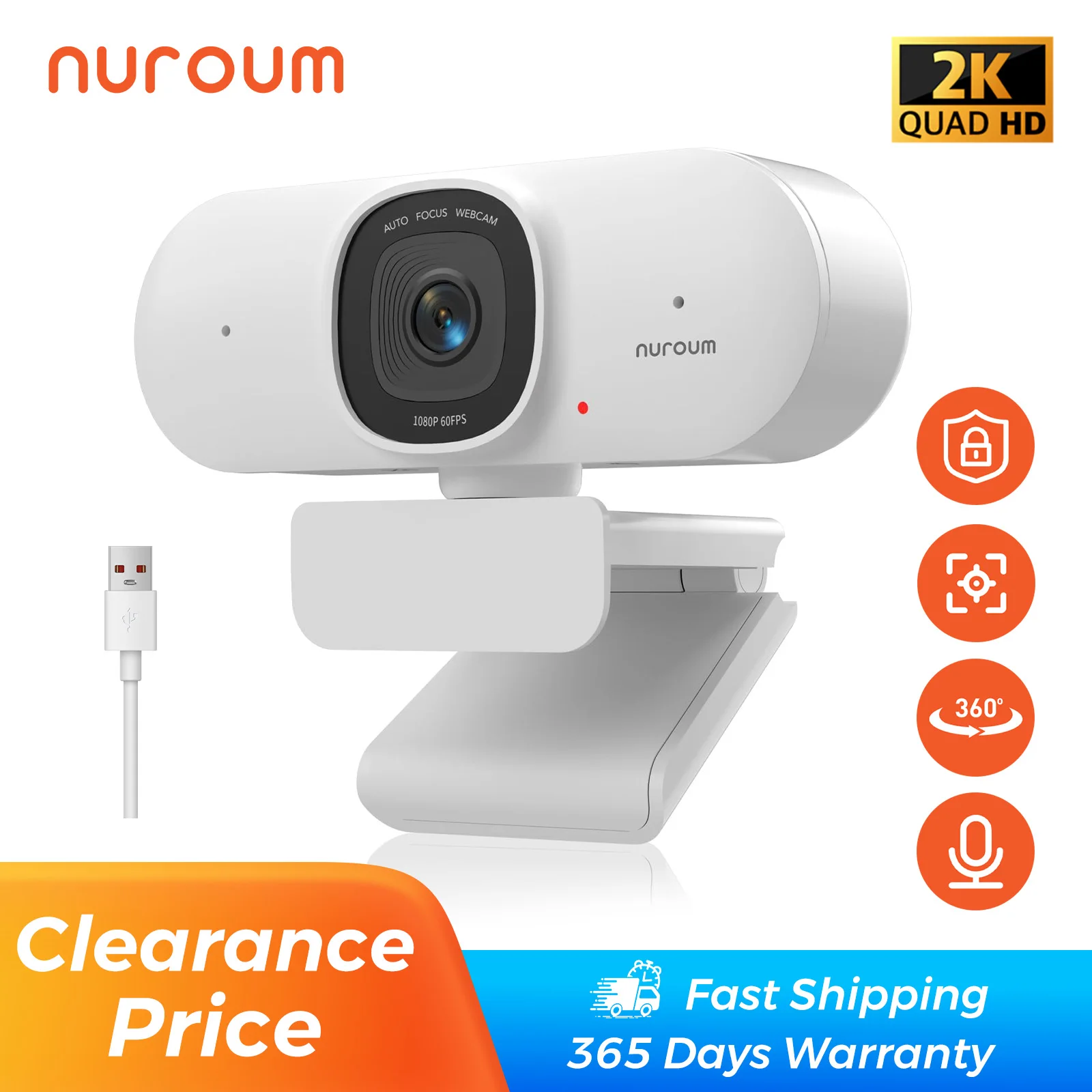 NUROUM 2K 30fps Webcam Auto Focus Dual Noise Canceling Microphone USB Plug and Play Video Conference Camera for Laptop Mac PC V15AF
NUROUM 2K 30fps Webcam Auto Focus Dual Noise Canceling Microphone USB Plug and Play Video Conference Camera for Laptop Mac PC V15AF