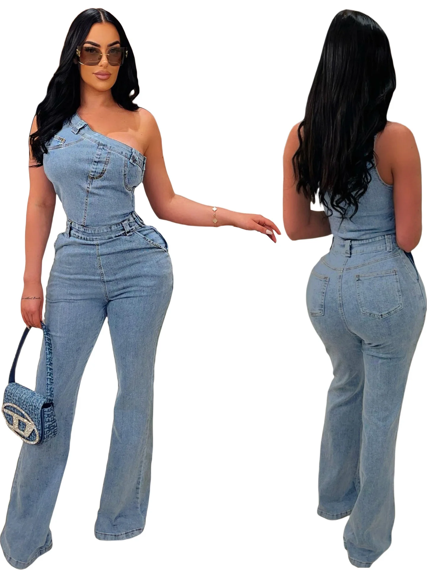 Women's Diagonal oulder Denim Jumpsuit mid Waist Long Pants Polyester Fiber Casual Spring Faion Ladies' One-Piece Suit
Women's Diagonal oulder Denim Jumpsuit mid Waist Long Pants Polyester Fiber Casual Spring Faion Ladies' One-Piece Suit