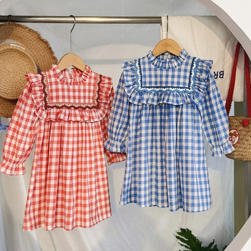 Lotus Leaf Collar Contrasting Lace Girls' Dress Autumn New Children's Clothing Standing Collar Long Sleeved Checkered Kids Dress
Lotus Leaf Collar Contrasting Lace Girls' Dress Autumn New Children's Clothing Standing Collar Long Sleeved Checkered Kids Dress