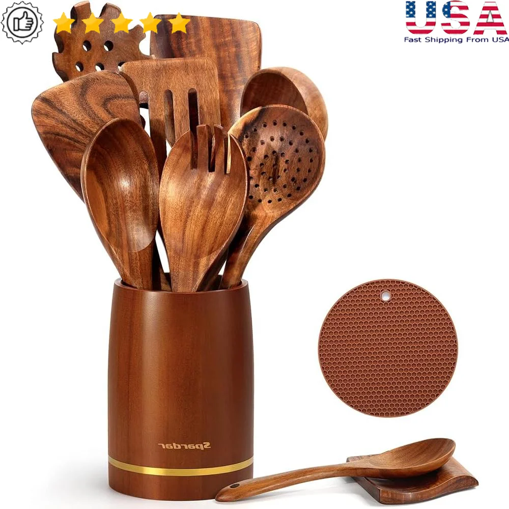 12 Piece Teak Wooden Kitchen Utensils Set Cooking Spoons Spoon Rest Storage Holder Essential Cooking Tools Gift
12 Piece Teak Wooden Kitchen Utensils Set Cooking Spoons Spoon Rest Storage Holder Essential Cooking Tools Gift