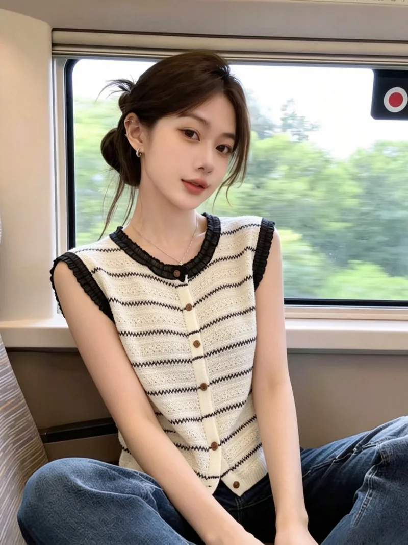 Stylish Summer Sleeveless Knitted Cardigan Women's Fashion Age-defying Beautiful Checkered Stripe Wood Ear Design Self-retaining
Stylish Summer Sleeveless Knitted Cardigan Women's Fashion Age-defying Beautiful Checkered Stripe Wood Ear Design Self-retaining