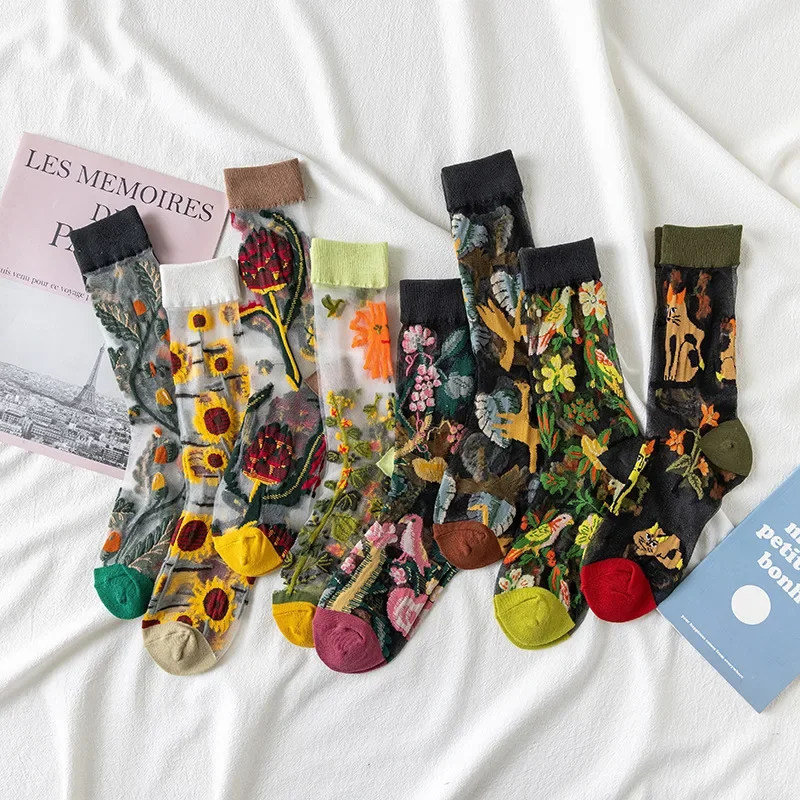 Art Cat Animal Print Harajuku Long Cotton Transparent Crystal Glass Silk Socks Women Summer Thin Breathable Flowers Birds Socks 
Art Cat Animal Print Harajuku Long Cotton Transparent Crystal Glass Silk Socks Women Summer Thin Breathable Flowers Birds Socks