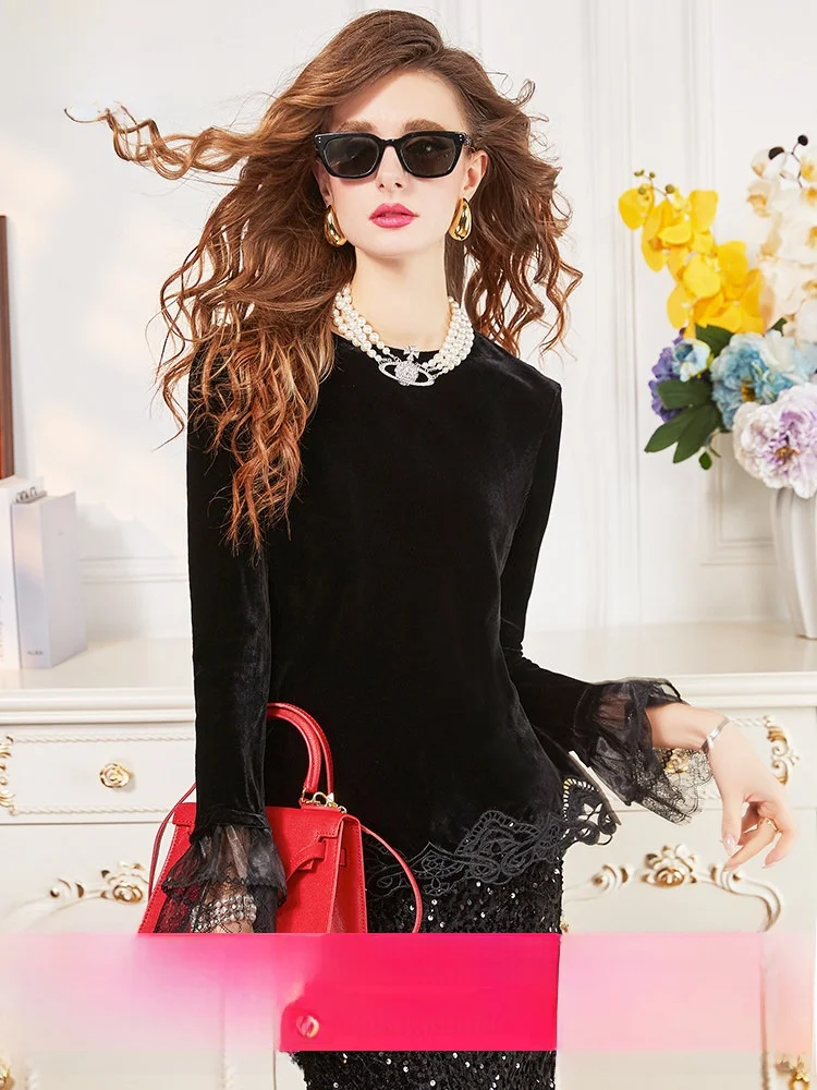 Black Silk Velvet Shirt Women's Slim Fit Vintage Design Spring Elegance Fashion round Neck Long Sleeve Color Top
Black Silk Velvet Shirt Women's Slim Fit Vintage Design Spring Elegance Fashion round Neck Long Sleeve Color Top
