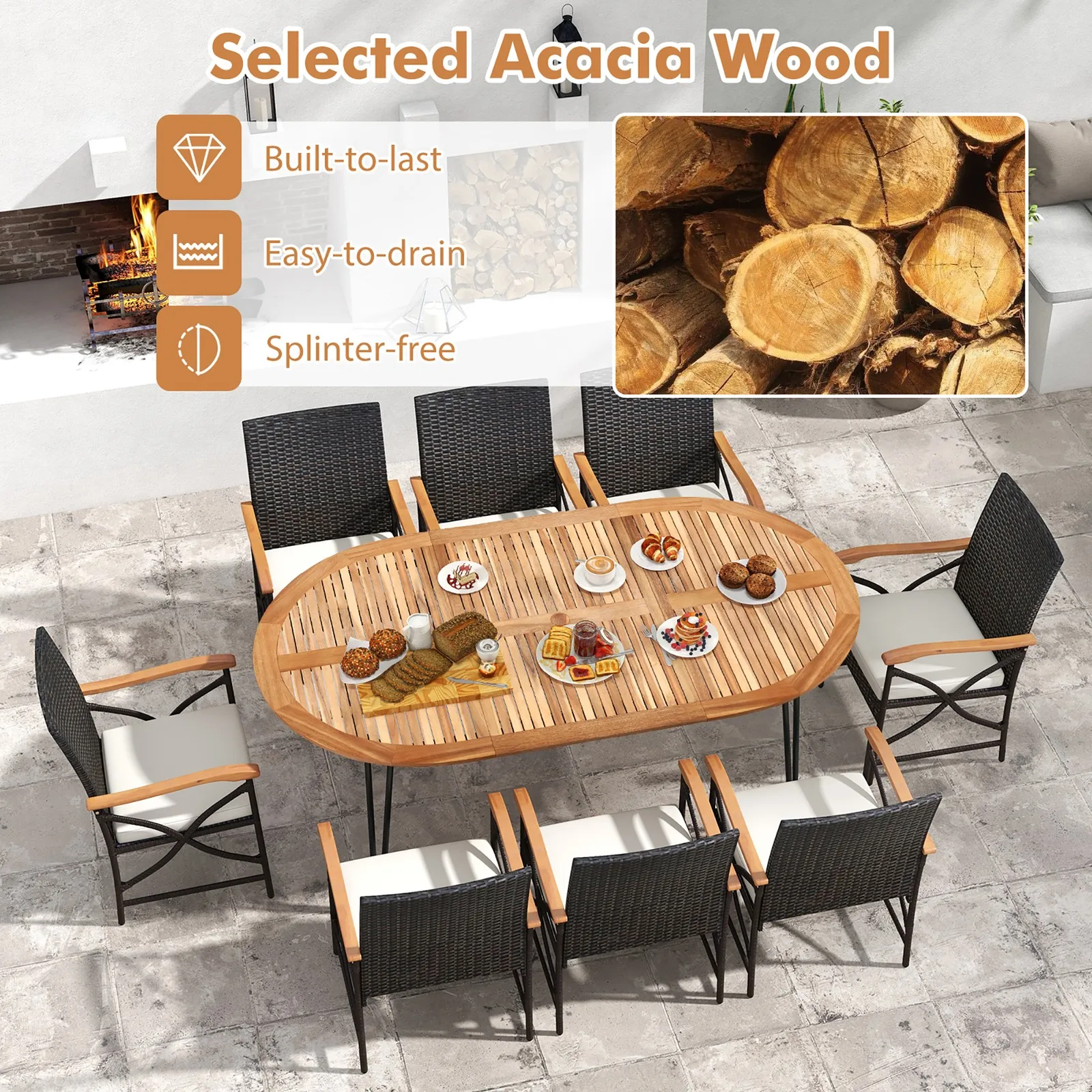 9 PCS Rattan Dining Set Acacia Wood Table & 8 Patio Wicker Armchairs Patio
9 PCS Rattan Dining Set Acacia Wood Table & 8 Patio Wicker Armchairs Patio