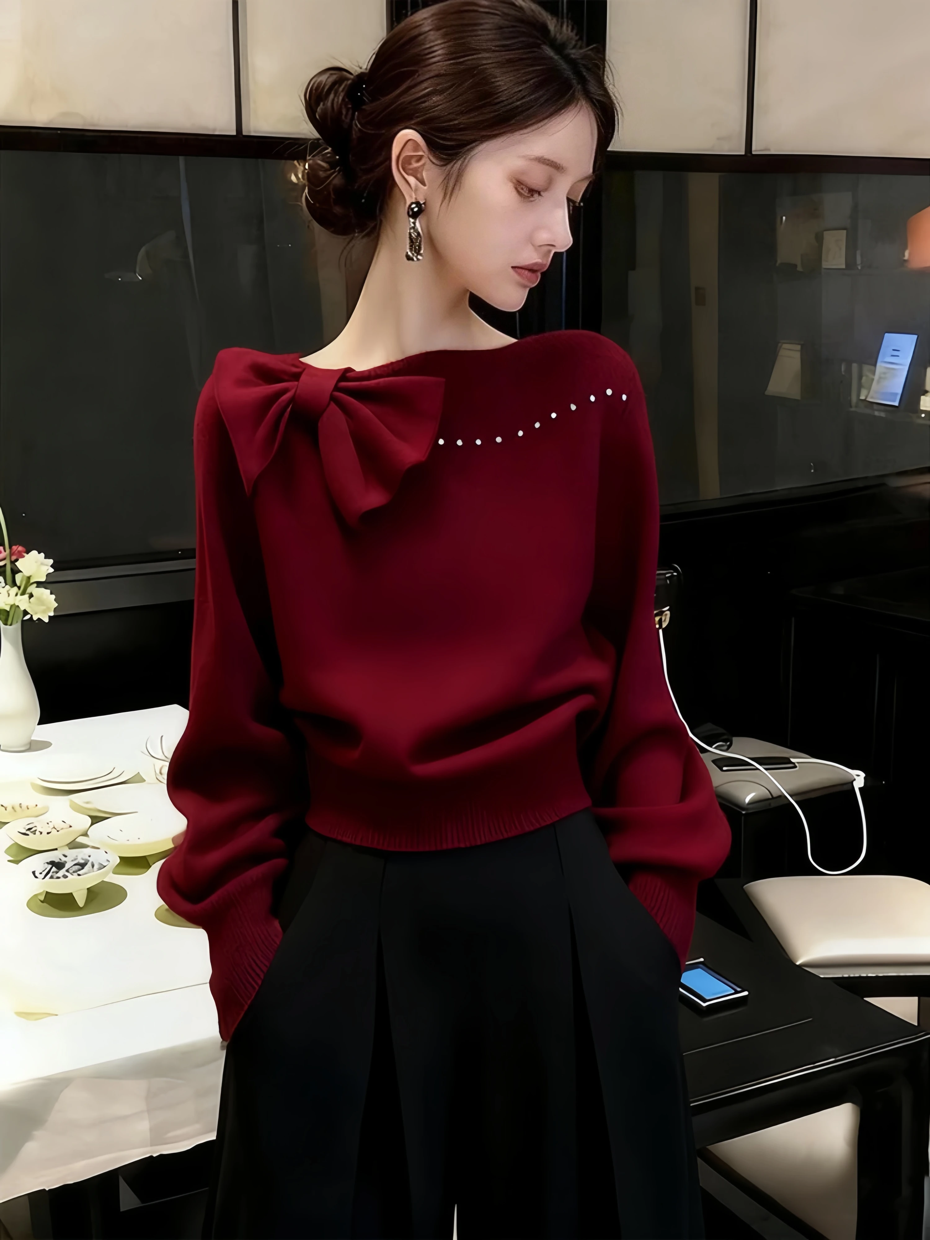 Ladies' Knitted Sweater Knot Christmas Red Slimming Top Casual Loose Fit Medium Thickness round Neck Long Sleeve
Ladies' Knitted Sweater Knot Christmas Red Slimming Top Casual Loose Fit Medium Thickness round Neck Long Sleeve