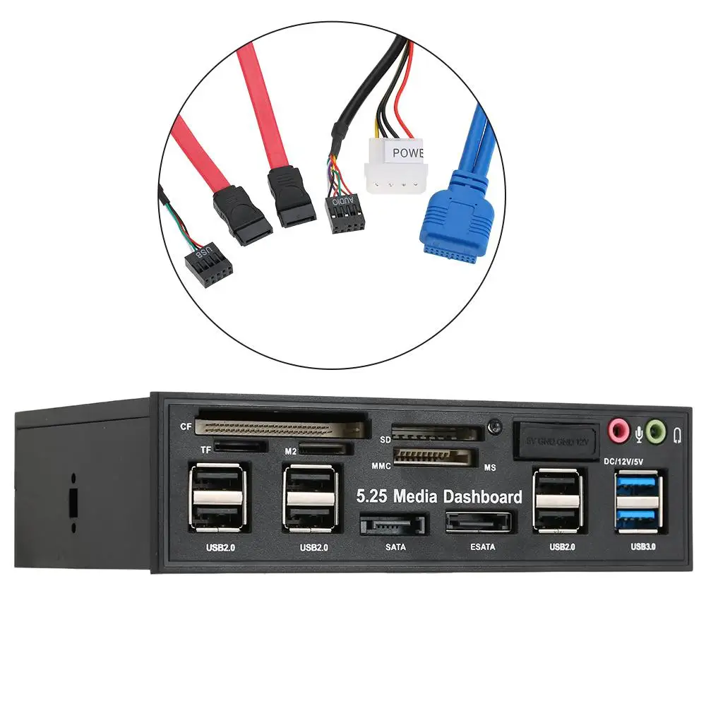Multi-Function USB 3.0 Hub ESATA SATA Port Internal Card Reader PC Media Front Panel Audio for SD MS CF TF M2 MMC Memory Cards
Multi-Function USB 3.0 Hub ESATA SATA Port Internal Card Reader PC Media Front Panel Audio for SD MS CF TF M2 MMC Memory Cards