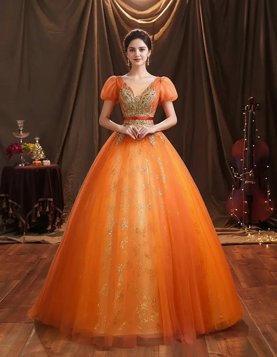 Orange Puff Sleeve Tulle Ball Gown with Gold Sequin Embroidery for Quinceanera, Prom, Formal Events, Evening & Bridal Parties
Orange Puff Sleeve Tulle Ball Gown with Gold Sequin Embroidery for Quinceanera, Prom, Formal Events, Evening & Bridal Parties