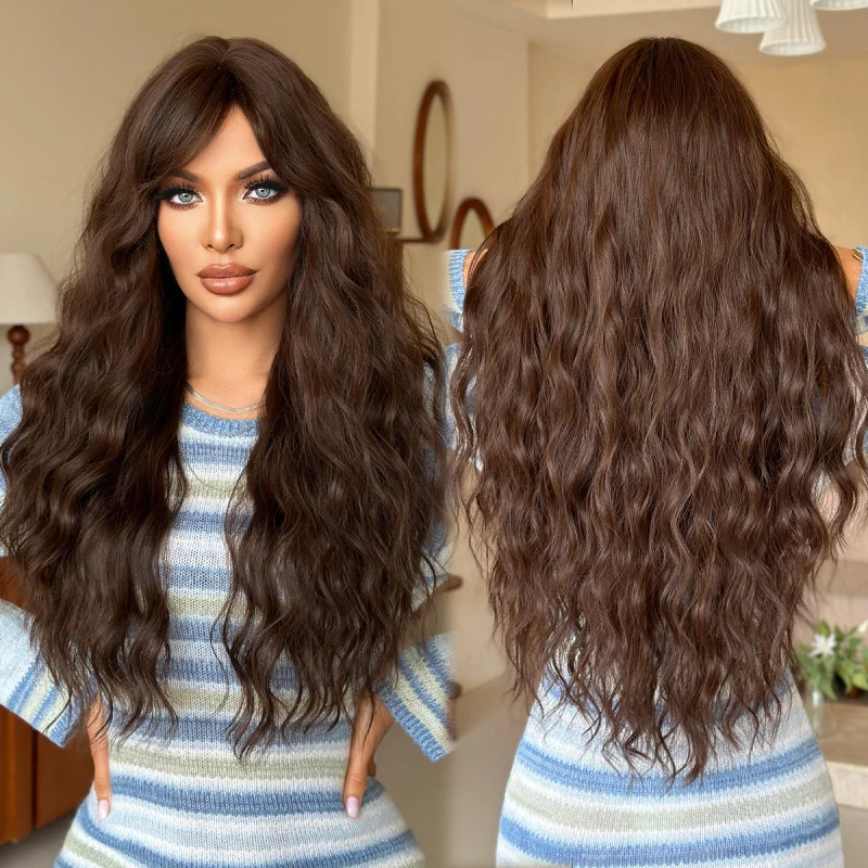 Women's wig in tea brown color, long curly hair with side-parted bangs, large waves, youthful and voluminous, full head syntheti
Women's wig in tea brown color, long curly hair with side-parted bangs, large waves, youthful and voluminous, full head syntheti