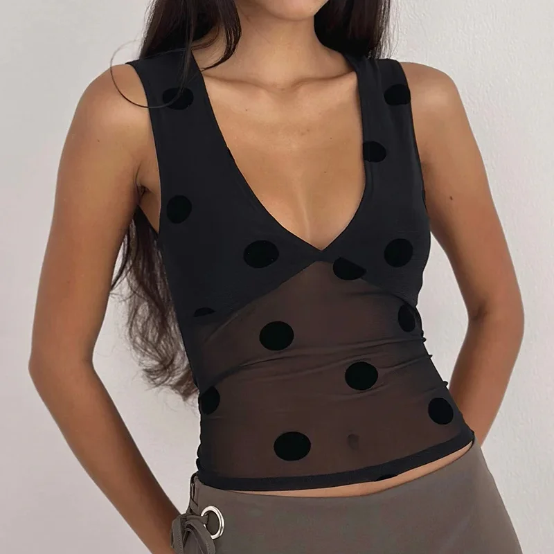 Polka Dot Print Sheer Mesh Crop Top for Women Summer Sleeveless V Neck Slim Fit Tank Tops Sexy See Through Blouse Shirt
Polka Dot Print Sheer Mesh Crop Top for Women Summer Sleeveless V Neck Slim Fit Tank Tops Sexy See Through Blouse Shirt
