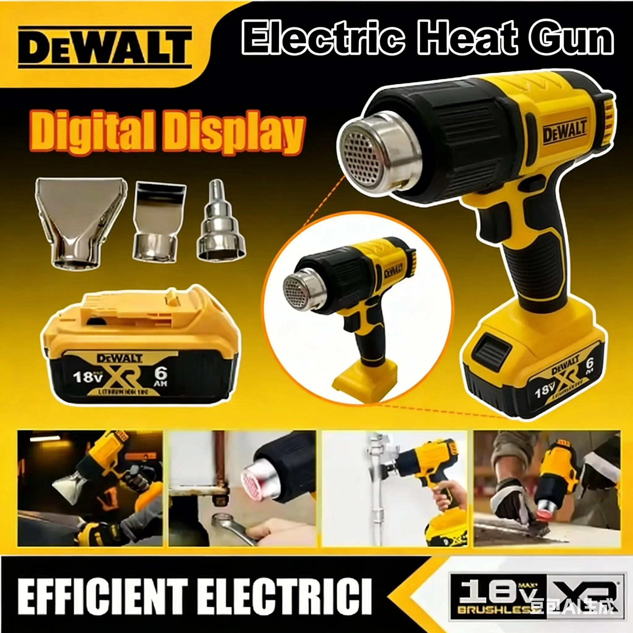 Термофен DEWALT, беспроводной, для термоусадочной пленки, промышленный электрический пистолет для горячего воздуха, работает от аккумулятора DEWALT 18В.
Термофен DEWALT, беспроводной, для термоусадочной пленки, промышленный электрический пистолет для горячего воздуха, работает от аккумулятора DEWALT 18В.