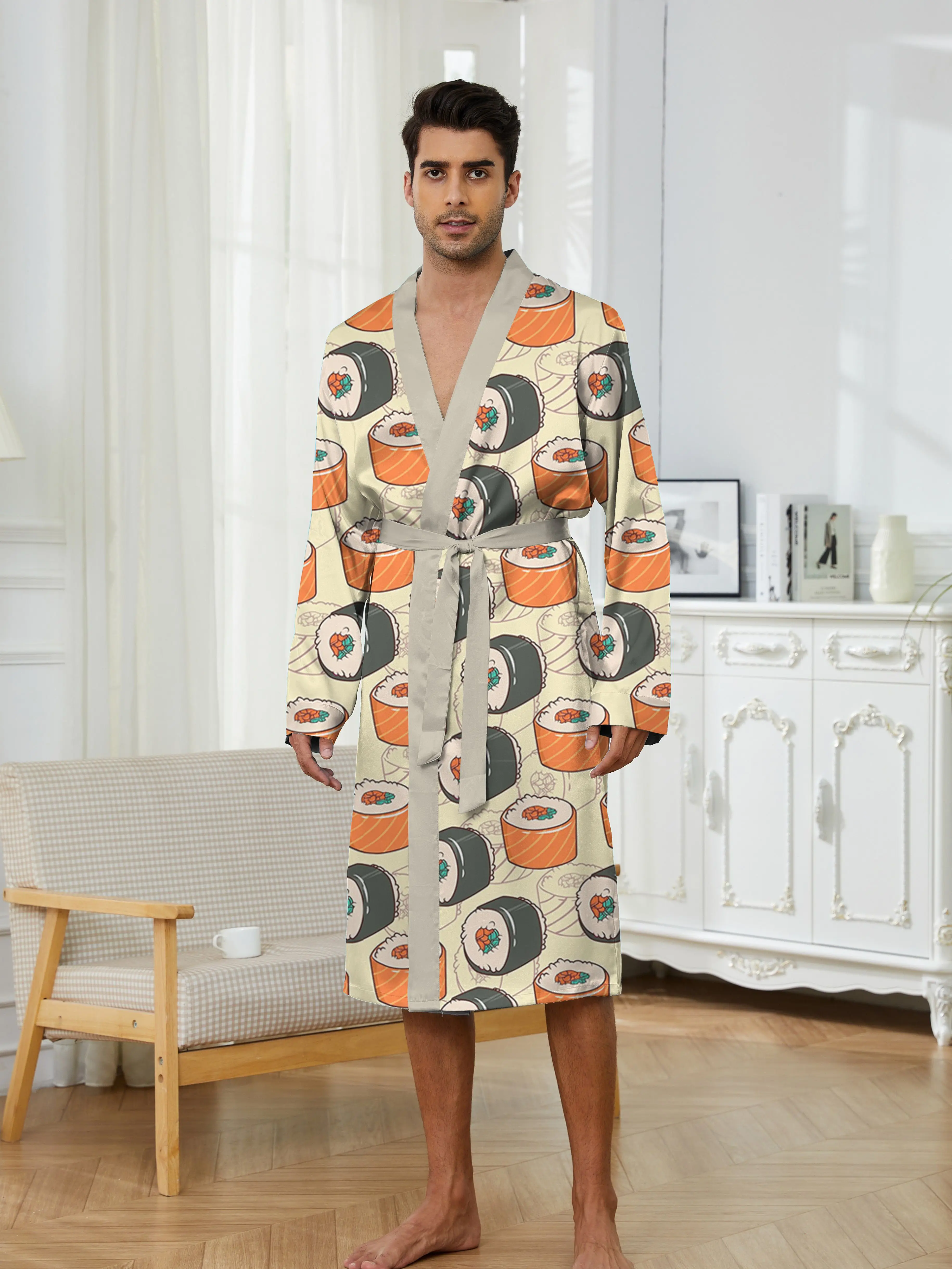 Spring and Autumn men's fun sushi pattern digital printed long robe quick drying, casual and trendy men's sleeping robe home.
Spring and Autumn men's fun sushi pattern digital printed long robe quick drying, casual and trendy men's sleeping robe home.