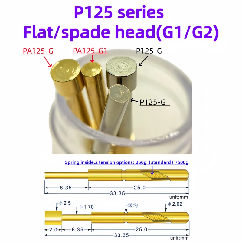 P125-G P125-G2 PCB Test Spring Test Pin Probe Test Tool 33.35mm 2.02mm 2.50mm Nickel Plating Gold Plating Flat Needle Pogo Pin
P125-G P125-G2 PCB Test Spring Test Pin Probe Test Tool 33.35mm 2.02mm 2.50mm Nickel Plating Gold Plating Flat Needle Pogo Pin