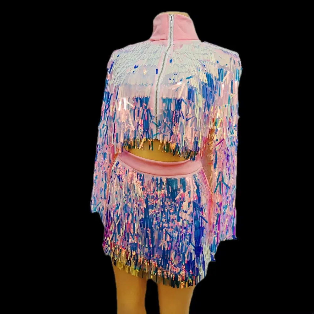 Pink Blue Sequin Tassel Jacket Bar Club Singer Dancer Performance Stage Wear Mini Skirt Dance Costume Lady Birthday Party Outfit
Pink Blue Sequin Tassel Jacket Bar Club Singer Dancer Performance Stage Wear Mini Skirt Dance Costume Lady Birthday Party Outfit