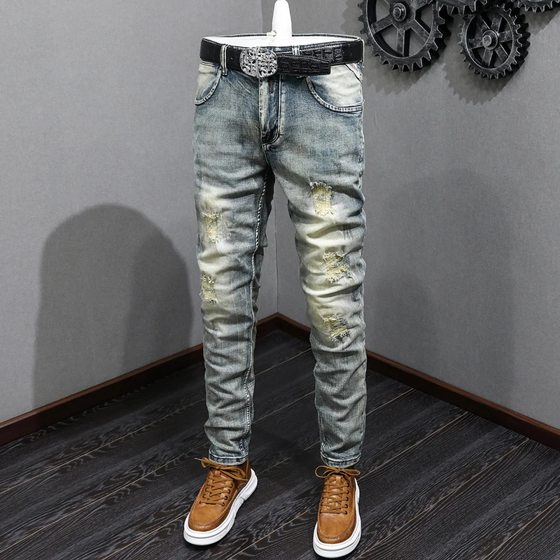 Fashion Designer Men Jeans Retro Washed Elastic Slim Fit Ripped Jeans Men Patched Trousers Vintage Casual Stretch Denim Pants
Fashion Designer Men Jeans Retro Washed Elastic Slim Fit Ripped Jeans Men Patched Trousers Vintage Casual Stretch Denim Pants
