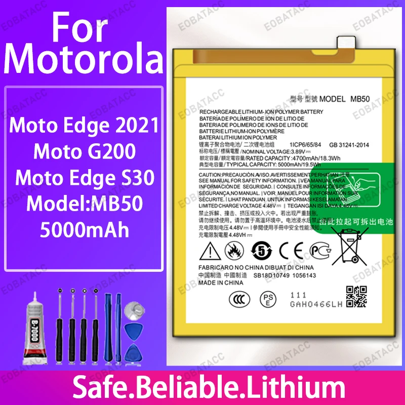 100% новая батарея MB50 для Motorola Moto Edge 2021/G200/Edge S30, батареи большой емкости + бесплатные инструменты
100% новая батарея MB50 для Motorola Moto Edge 2021/G200/Edge S30, батареи большой емкости + бесплатные инструменты