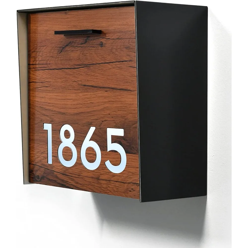 Black Aluminum Wall-Mounted Mailbox with 12V LED Lighting and Light Sensor, featuring Red Oak Aluminum Front Panel and Backlit D
Black Aluminum Wall-Mounted Mailbox with 12V LED Lighting and Light Sensor, featuring Red Oak Aluminum Front Panel and Backlit D