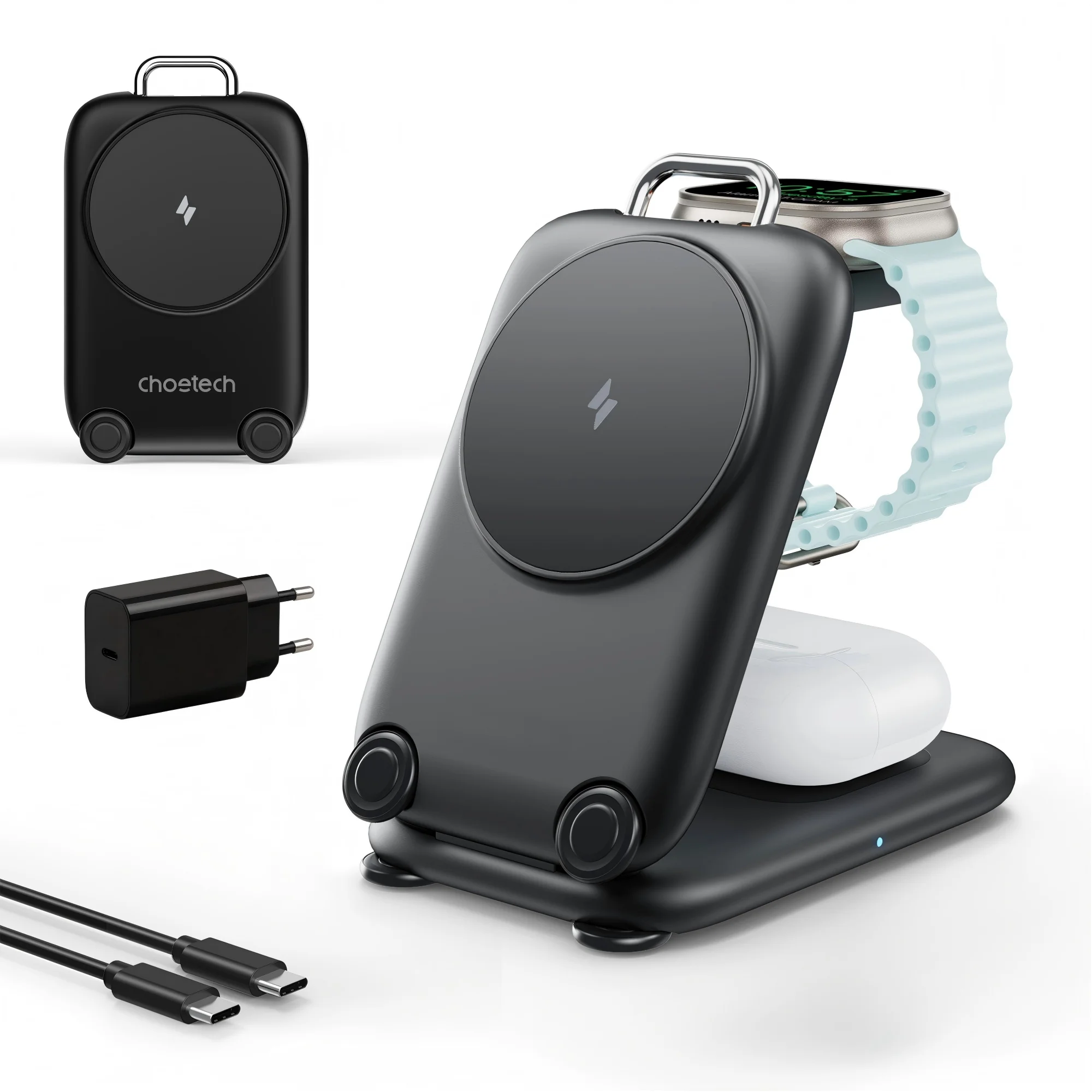 15W Mobile phone, watch, earbudsThree-in-One Portable Folding Stand Magnetic Wireless Charging with EUR Adapter black
15W Mobile phone, watch, earbudsThree-in-One Portable Folding Stand Magnetic Wireless Charging with EUR Adapter black