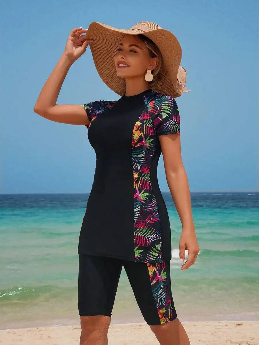 Womens Tropical Print Rash Guard Set With Shorts Round Neck Short Sleeve Beach Cover Up
Womens Tropical Print Rash Guard Set With Shorts Round Neck Short Sleeve Beach Cover Up