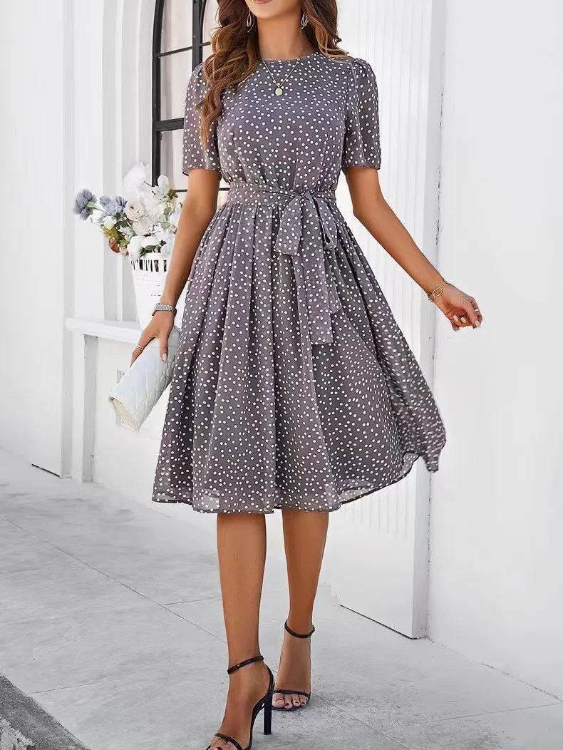 Spring Summer Women's Clothing Polka Dot Tie Waist Casual Wear Elegant Midi Dress For Woman Chiffon High Waisted Cap Sleeve
Spring Summer Women's Clothing Polka Dot Tie Waist Casual Wear Elegant Midi Dress For Woman Chiffon High Waisted Cap Sleeve
