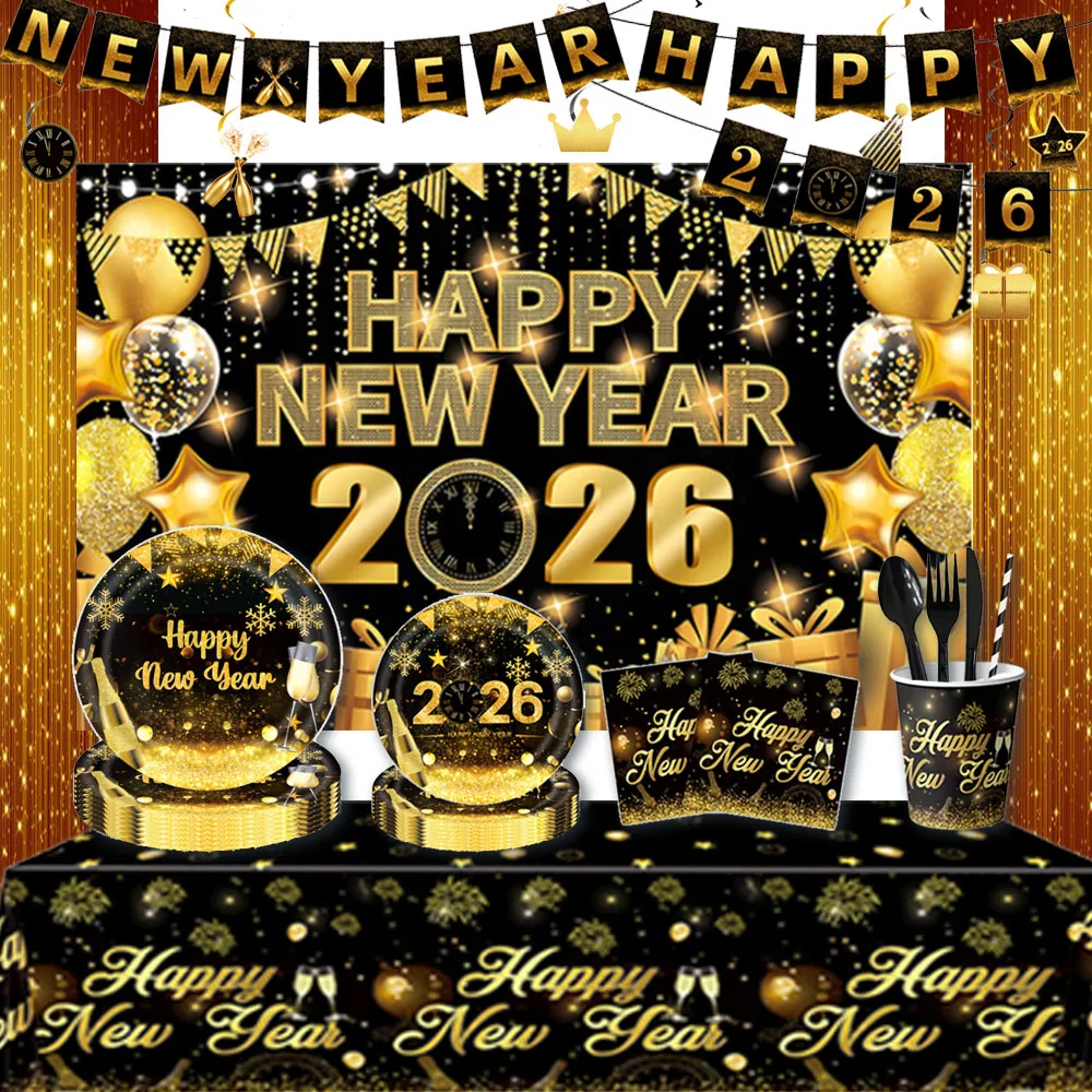 2026 New Year Party Supplies Black Gold Luxury Decoration Disposable Tableware Cup Paper Plate Knife Fork Spoon Background Banne 
2026 New Year Party Supplies Black Gold Luxury Decoration Disposable Tableware Cup Paper Plate Knife Fork Spoon Background Banne