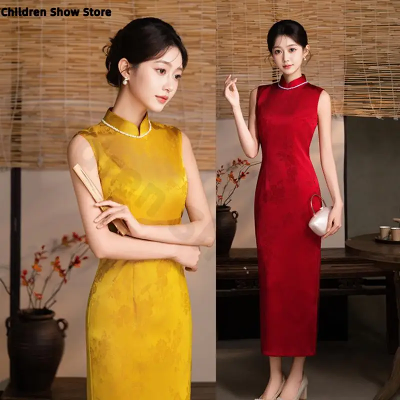Women Yeelow Jacquard Qipao Sleeveless Mandarin Collar Cheongsam Vintage Improved Chinese Dress Slim Sexy Elegant Vestidos
Women Yeelow Jacquard Qipao Sleeveless Mandarin Collar Cheongsam Vintage Improved Chinese Dress Slim Sexy Elegant Vestidos