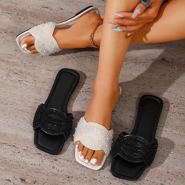 Summer Women Slippers 2026 New Fashionable Luxury Rhinestones Comfortable Female Shoes Square Toe Flat Lightweight Sandals 47 Sa2c114a6275742d0a1d17ada18c53207c
