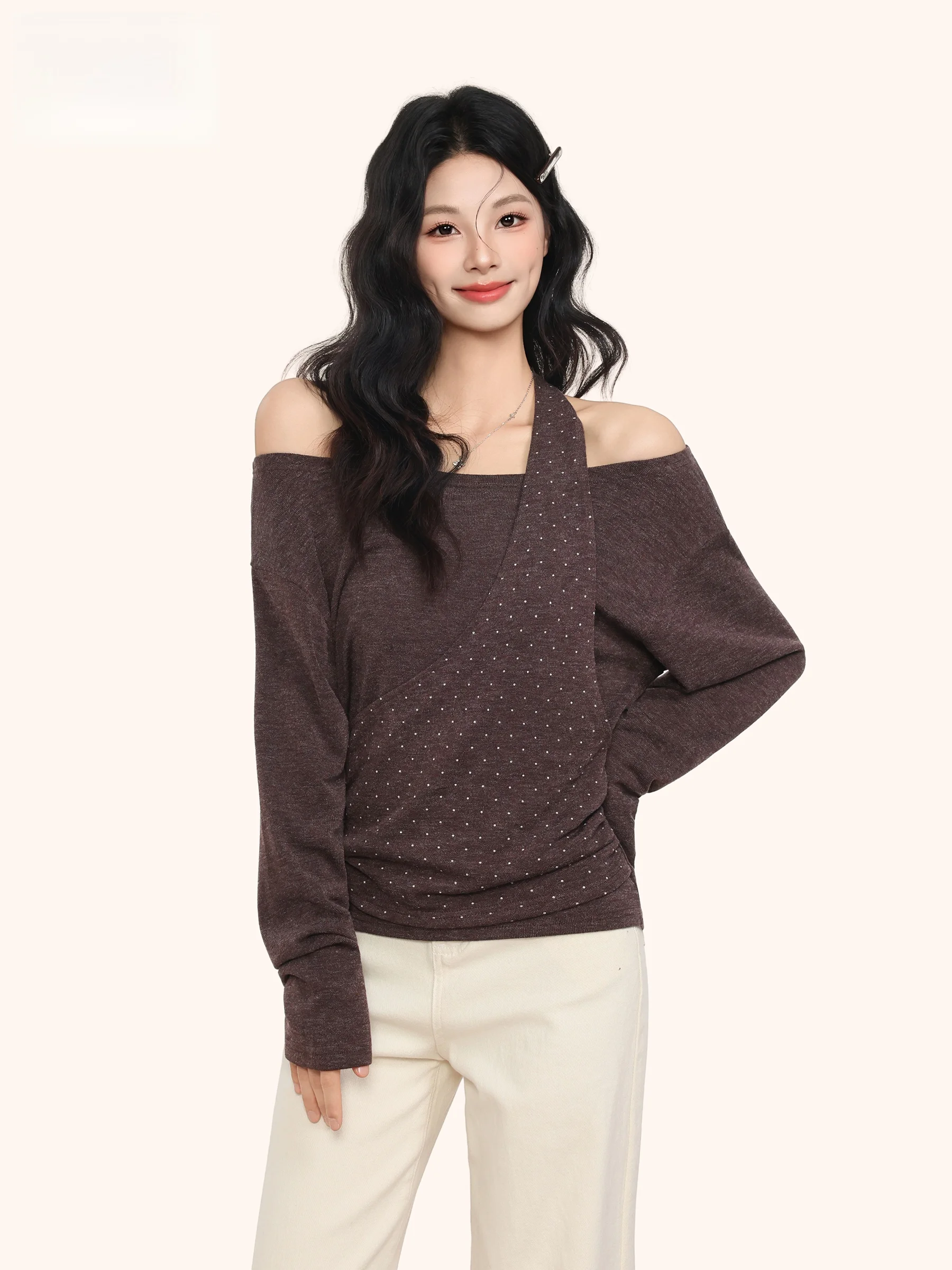 Caramel Color One-Shoulder Long Sleeve Knitted Sweater Women's Spring Autumn Polka Dot Design Casual Style Top
Caramel Color One-Shoulder Long Sleeve Knitted Sweater Women's Spring Autumn Polka Dot Design Casual Style Top
