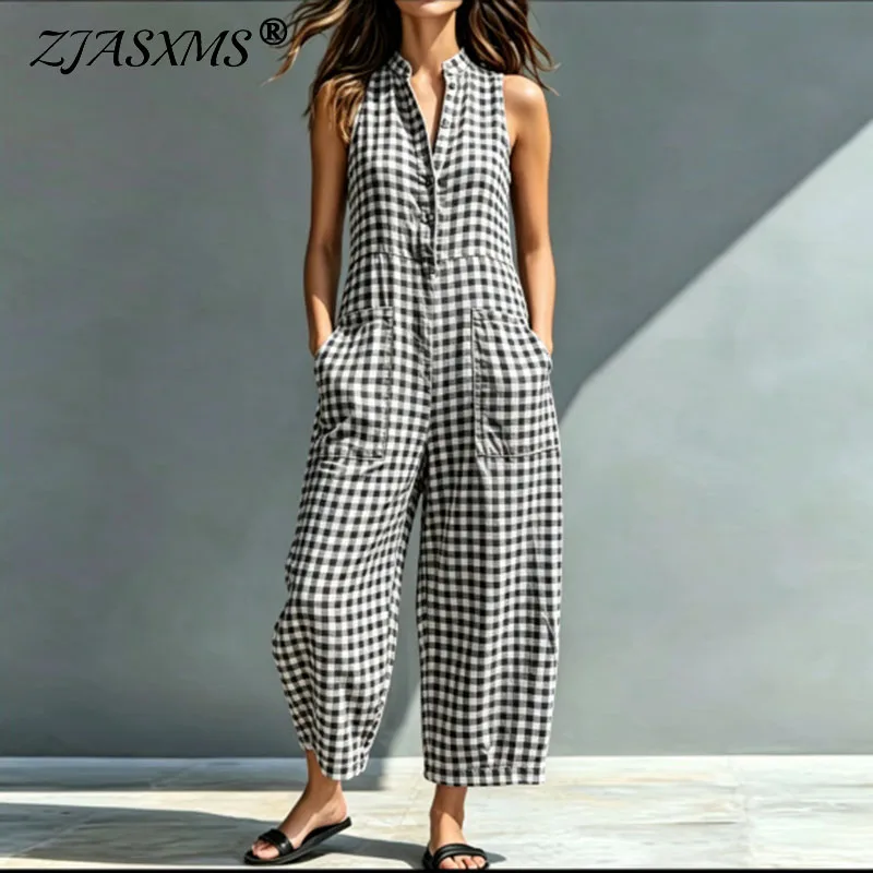 Retro Plaid Print Wide Leg Pants Jumpsuits Woman 2026 Spring Stand Collar Button Office Playsuit Summer Sleeveless Pocket Romper
Retro Plaid Print Wide Leg Pants Jumpsuits Woman 2026 Spring Stand Collar Button Office Playsuit Summer Sleeveless Pocket Romper