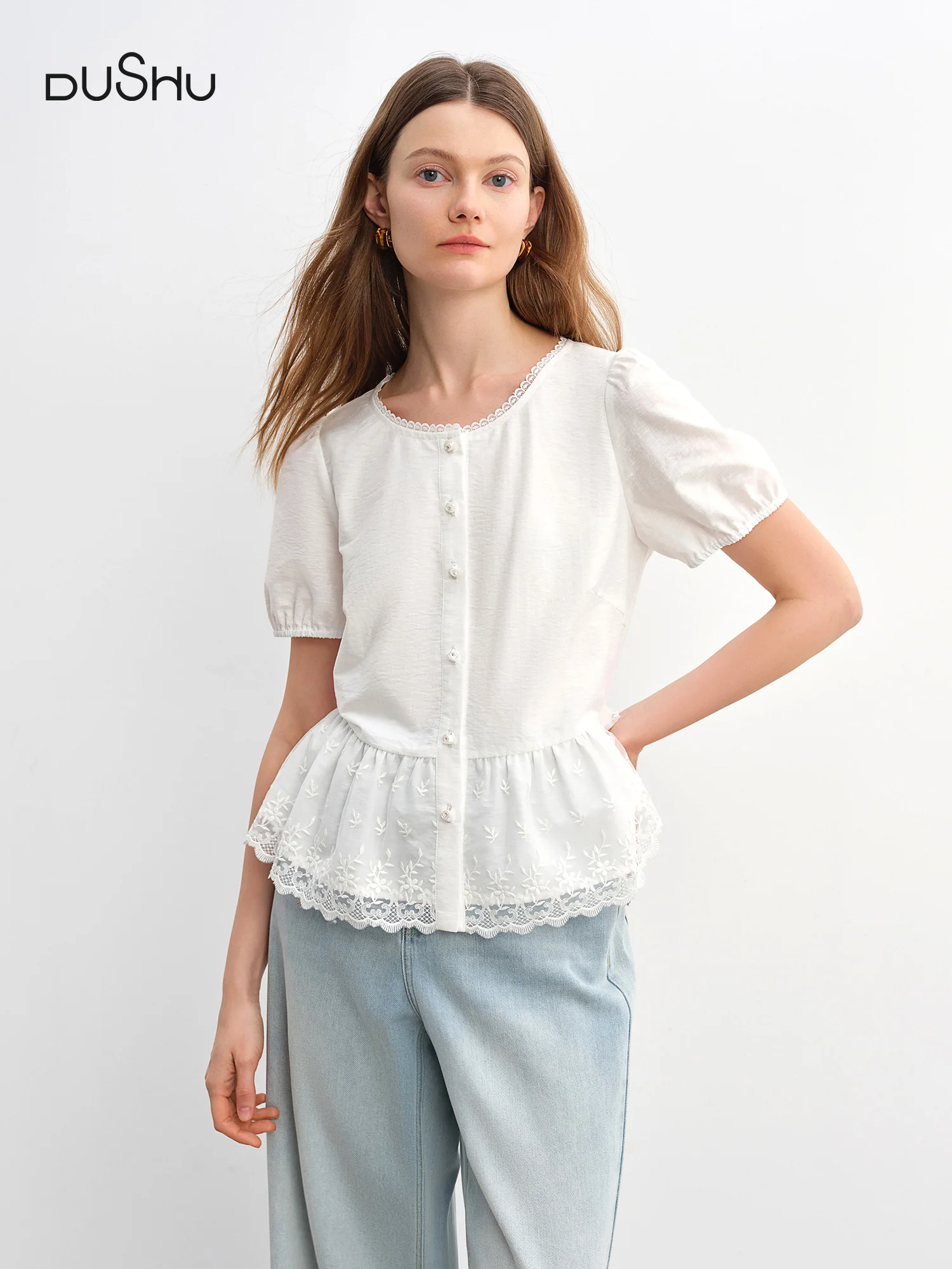 DUSHU Summer 2025 Textured Blouse - Relaxed Fit Lace Contrast Panels Casual Short Sleeve Resort to Office Top
DUSHU Summer 2025 Textured Blouse - Relaxed Fit Lace Contrast Panels Casual Short Sleeve Resort to Office Top