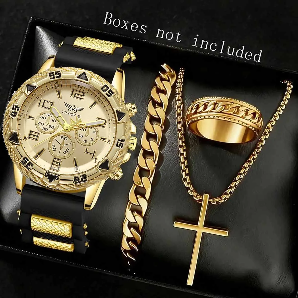 4pcs-Golden Men's Watch Set Fashionable and Versatile Quartz Watch Bracelet Necklace Ring Set Perfect Gift for Friends or Dad
4pcs-Golden Men's Watch Set Fashionable and Versatile Quartz Watch Bracelet Necklace Ring Set Perfect Gift for Friends or Dad