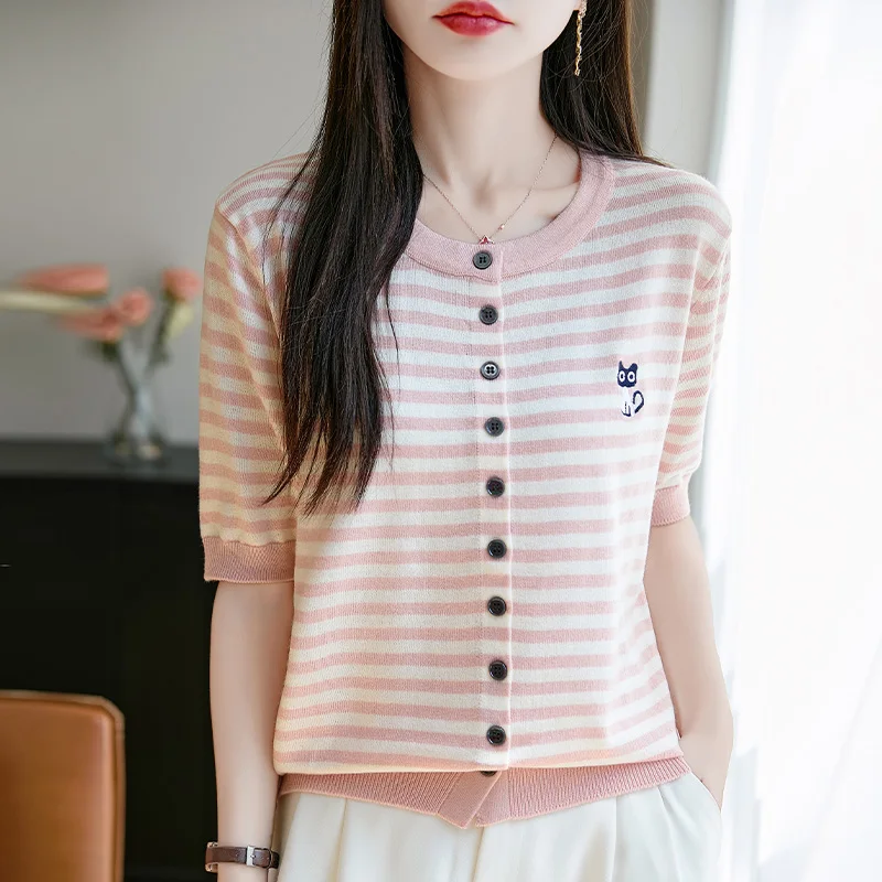 Chinese product round neck short sleeved wool knitted sweater summer striped embroidered cardigan loose women's top
Chinese product round neck short sleeved wool knitted sweater summer striped embroidered cardigan loose women's top